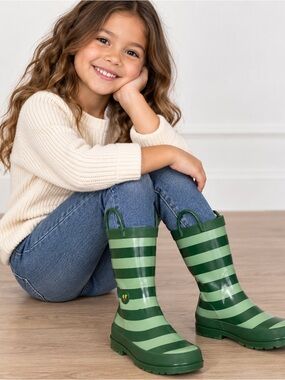 Lily & Dan Green Striped Frog Kids Rain Boots Size 11/12